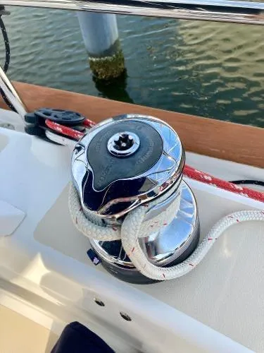 Tangaroa Yacht Photos Pics Tartan 4000 sailboat winch with rope, docked by water, 2015 model.