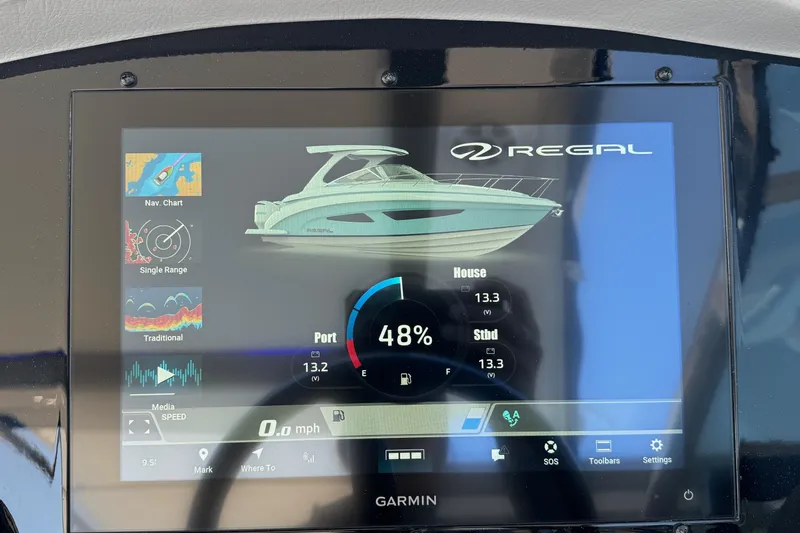 33 Xo Best Deals Of The Year!!1 Yacht Photos Pics Garmin display on 2026 Regal 33 XO boat showing navigation and system information.