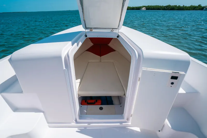 Yacht Photos Pics 2007 Donzi 38 ZF Cuddy cabin interior with open hatch, on calm blue water.