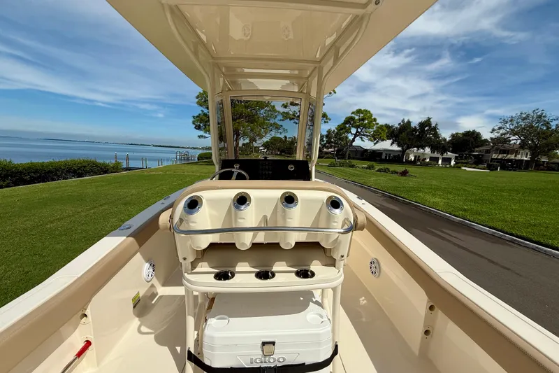  Yacht Photos Pics 2025 Scout 240 XSF boat interior with scenic waterfront view.