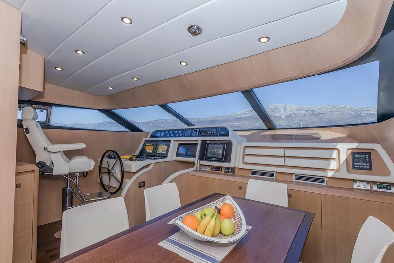Hope I Yacht Photos Pics Interior of 2008 Maiora 20S yacht with modern helm and dining area.