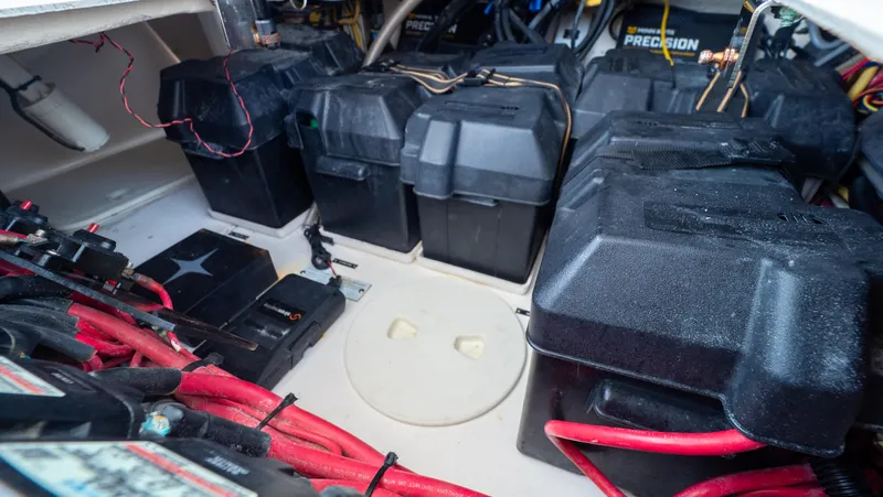  Yacht Photos Pics Battery compartment of 2015 Intrepid 400 Cuddy boat with multiple battery boxes.