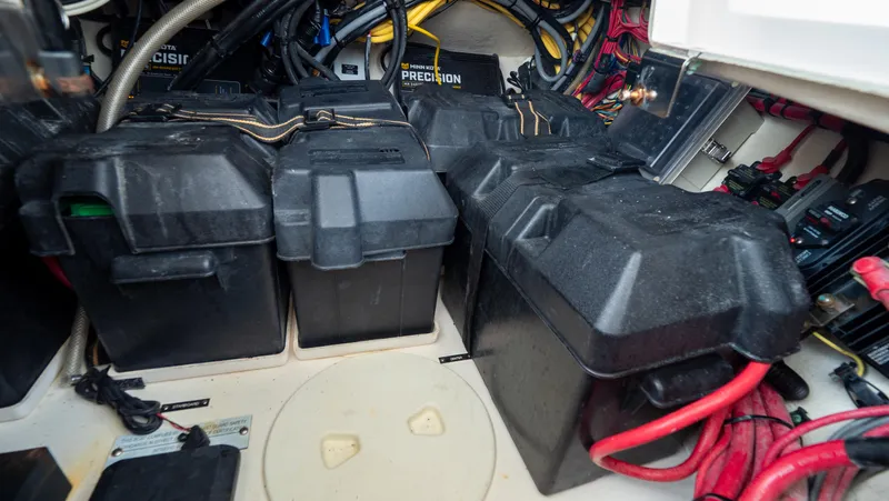  Yacht Photos Pics Battery compartment of 2015 Intrepid 400 Cuddy with wiring and connections.