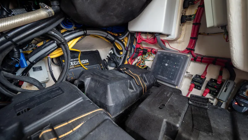  Yacht Photos Pics Engine compartment of 2015 Intrepid 400 Cuddy with wiring and battery setup.