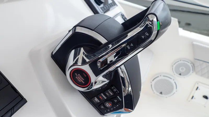  Yacht Photos Pics Close-up of 2015 Intrepid 400 Cuddy boat throttle control system.