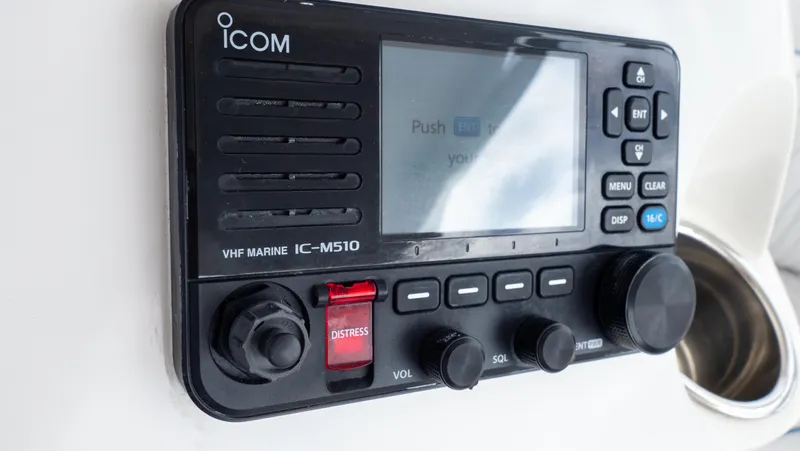  Yacht Photos Pics ICOM VHF Marine IC-M510 radio on 2015 Intrepid 400 Cuddy boat dashboard.