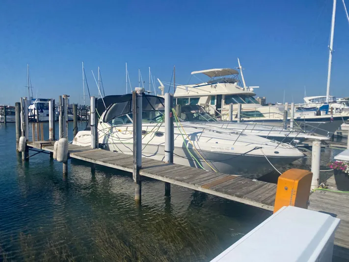 No Fly Zone Yacht Photos Pics 2003 Sea Ray 340 Sundancer docked at marina under clear blue sky.