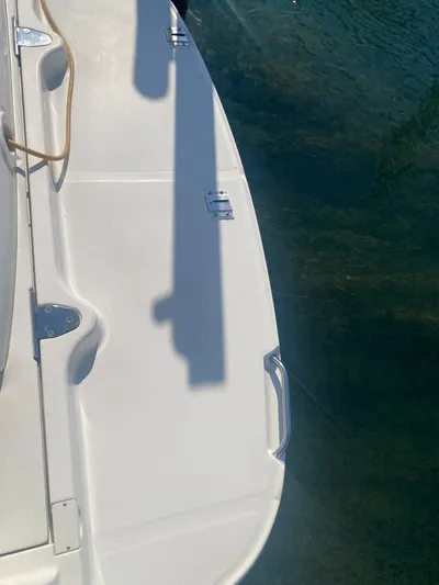 No Fly Zone Yacht Photos Pics 2003 Sea Ray 340 Sundancer swim platform with water in the background.