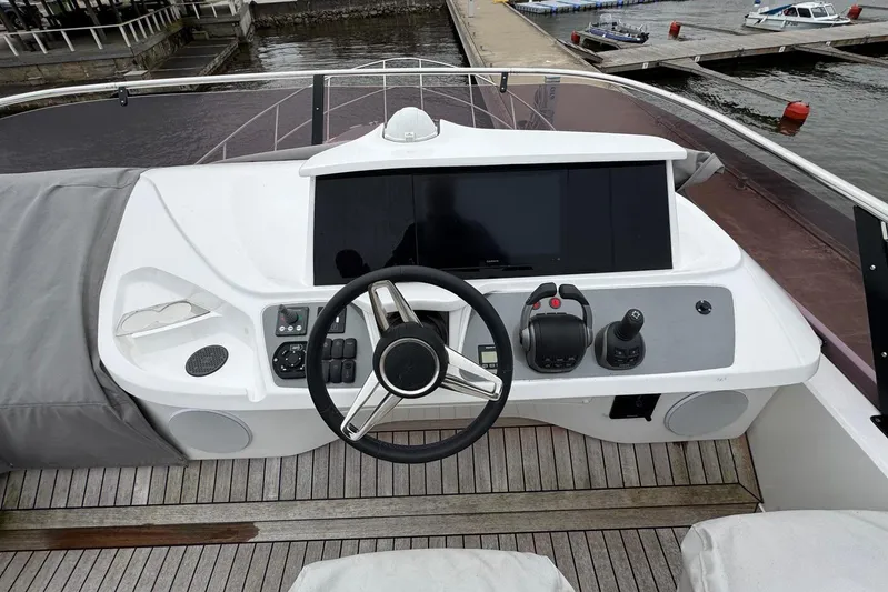  Yacht Photos Pics Helm of 2021 Princess F45 yacht with steering wheel and control panel.
