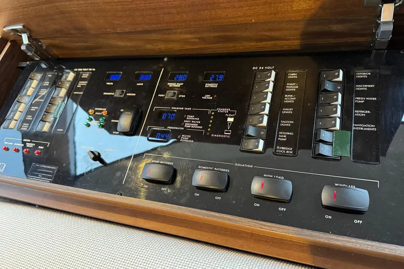  Yacht Photos Pics Control panel of a 2021 Princess F45 yacht, featuring various switches and indicators.