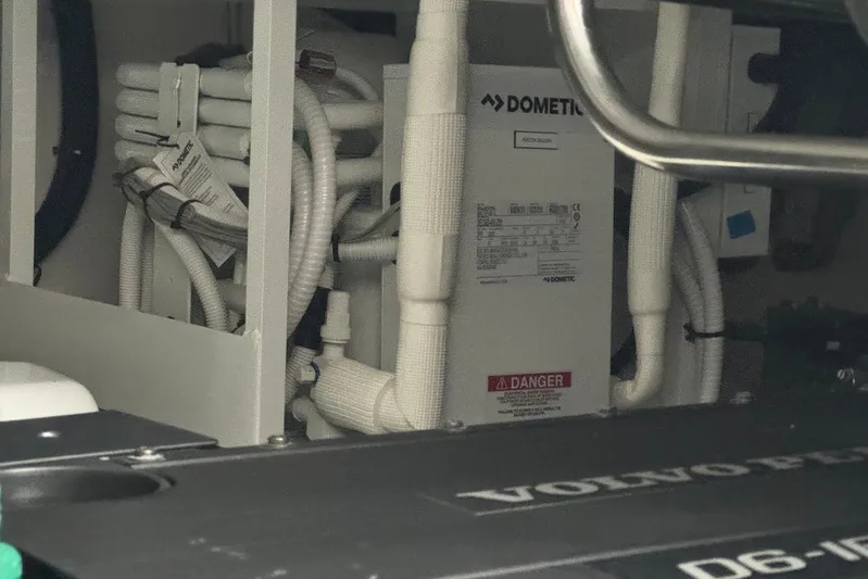  Yacht Photos Pics Engine room of a 2021 Princess F45 yacht with Dometic equipment and Volvo Penta engine.