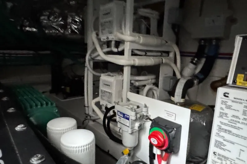  Yacht Photos Pics Engine room of 2021 Princess F45 yacht with complex piping and machinery.