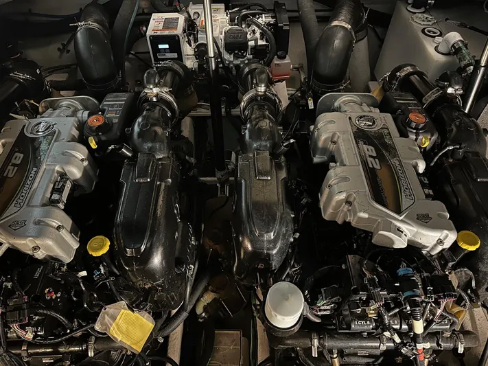  Yacht Photos Pics Engines of a 2015 Sea Ray 350 Sundancer boat, showcasing detailed mechanical components.