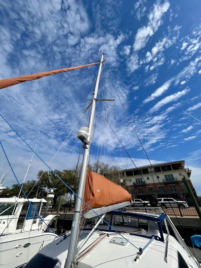 Hazey Daze Yacht Photos Pics Sailboat with orange sail under blue sky, Voyage Maxim 2001 model, docked near buildings.