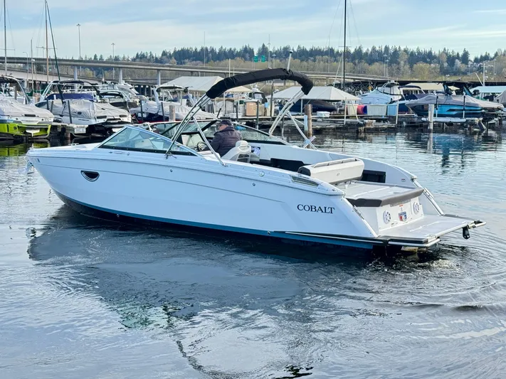  Yacht Photos Pics 2023 Cobalt R8 boat cruising in a marina, surrounded by other docked boats.