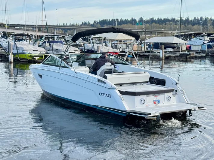  Yacht Photos Pics 2023 Cobalt R8 boat cruising in a marina with multiple docked vessels.