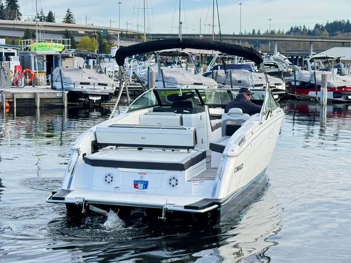  Yacht Photos Pics 2023 Cobalt R8 boat cruising in a marina, surrounded by other docked boats.