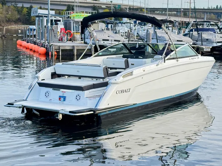  Yacht Photos Pics 2023 Cobalt R8 boat docked in marina, featuring sleek design and spacious seating.