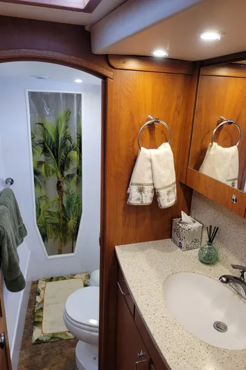 Sea The Light Yacht Photos Pics 2019 Endeavour Catamaran 440 HYBRID bathroom with modern fixtures and tropical decor.