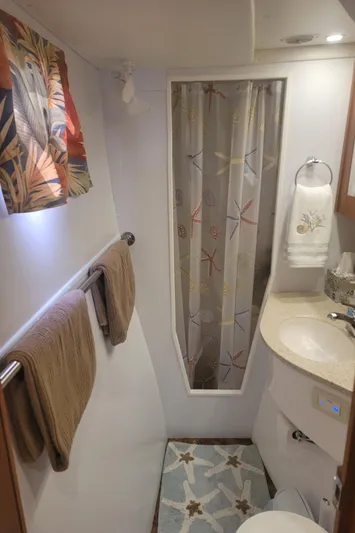 Sea The Light Yacht Photos Pics 2019 Endeavour Catamaran 440 HYBRID bathroom with shower, sink, and tropical decor.