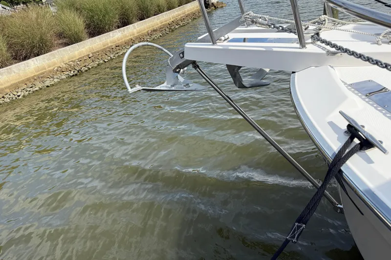  Yacht Photos Pics 2021 Ranger Tugs R-41CB boat anchor and bow detail on calm water.