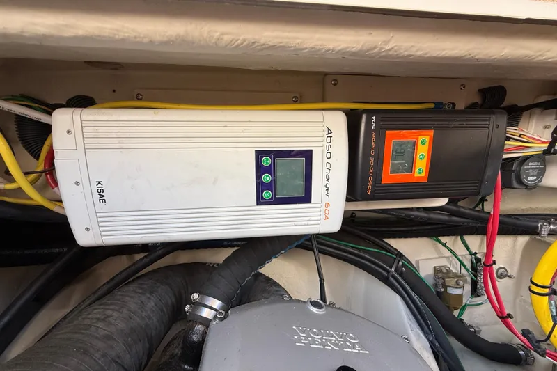  Yacht Photos Pics Electrical components in a 2021 Ranger Tugs R-41CB boat engine compartment.