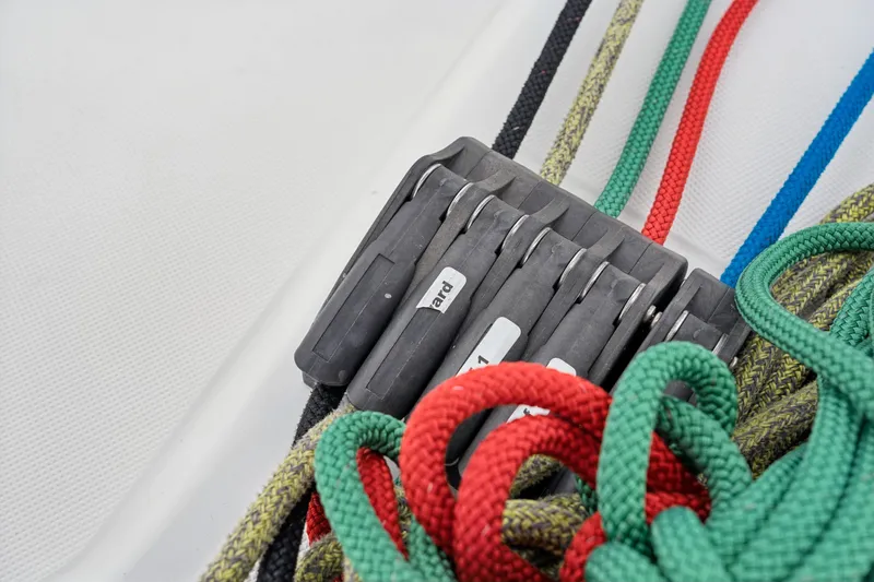 Cielo Yacht Photos Pics Colorful ropes and cleats on a 2023 Bali 4.2 sailboat deck.