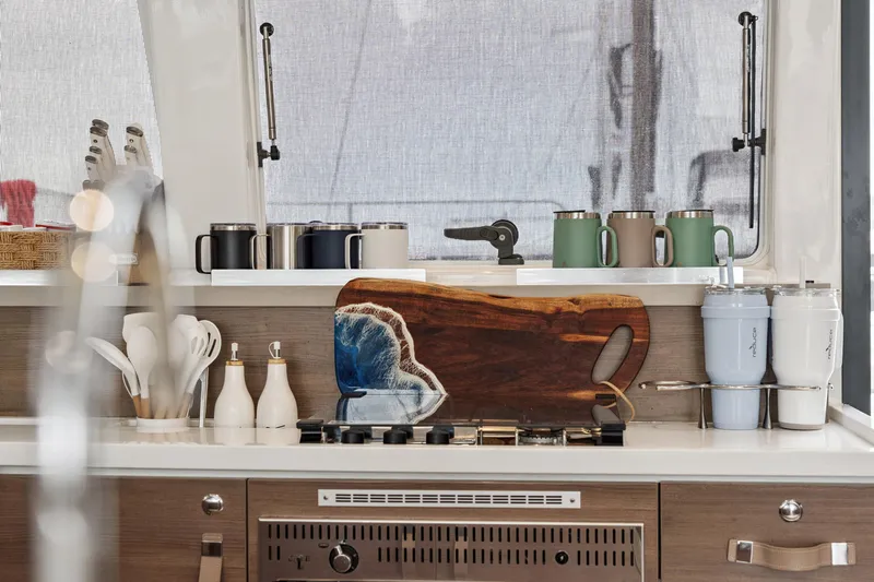 Cielo Yacht Photos Pics Modern kitchen interior on a 2023 Bali 4.2 yacht with stylish accessories.