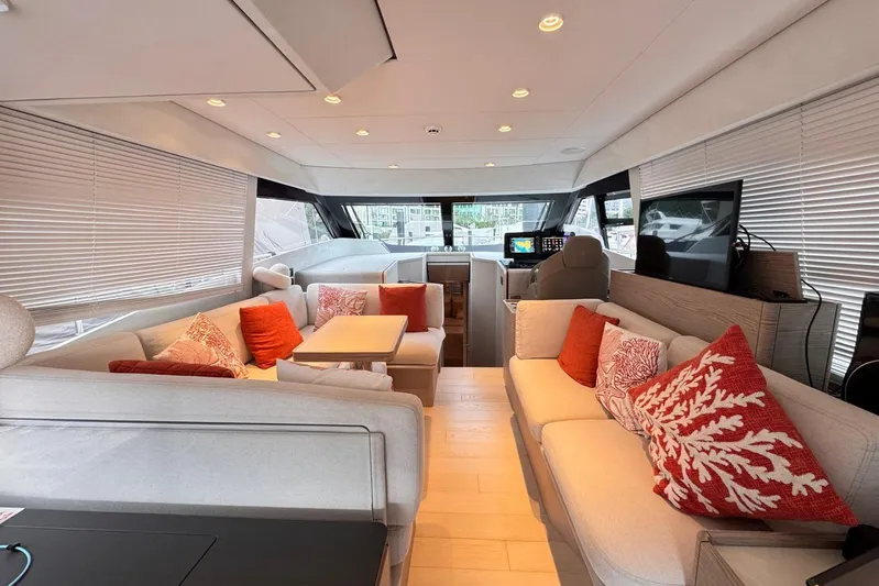  Yacht Photos Pics Luxurious interior of 2025 Ferretti Yachts 500 with elegant seating and modern decor.