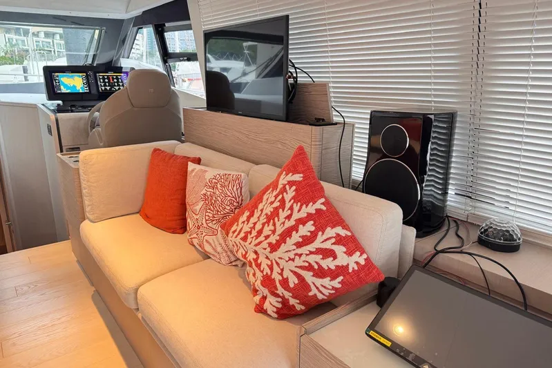 Yacht Photos Pics Luxurious interior of 2025 Ferretti Yachts 500 with modern decor and navigation system.