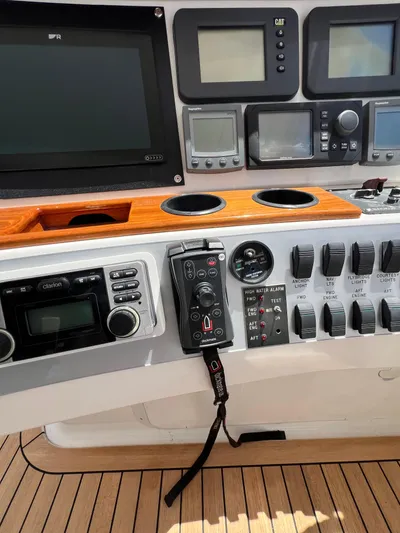  Yacht Photos Pics Control panel of 2005 Neptunus 62 Flybridge yacht with navigation instruments.
