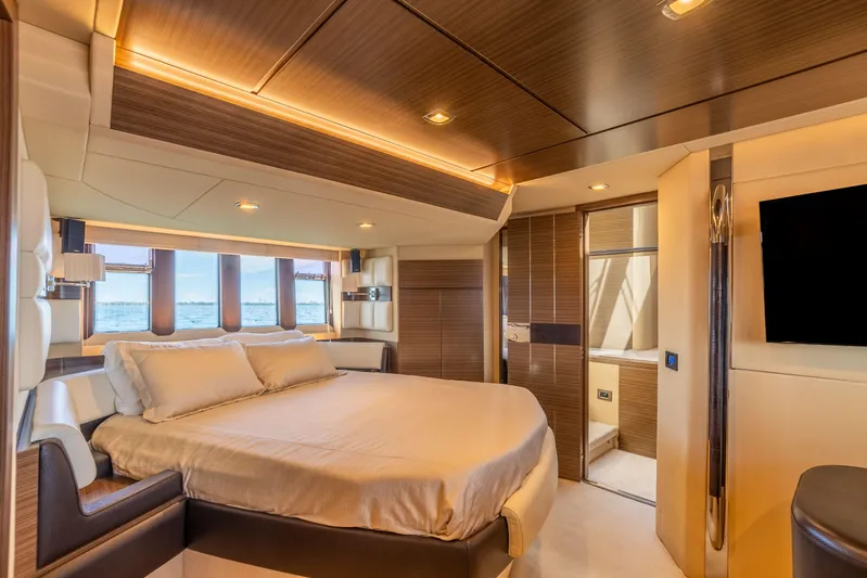 Prime Time II Yacht Photos Pics Luxurious interior of 2016 Azimut 64 Flybridge yacht with elegant bedroom design.