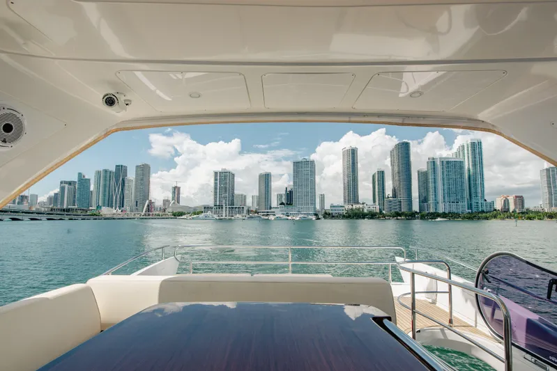 Prime Time II Yacht Photos Pics Azimut 64 Flybridge 2016 yacht with city skyline view over water.