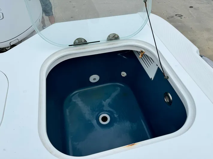  Yacht Photos Pics Open livewell on 2008 Everglades 320CC boat, showcasing interior design.