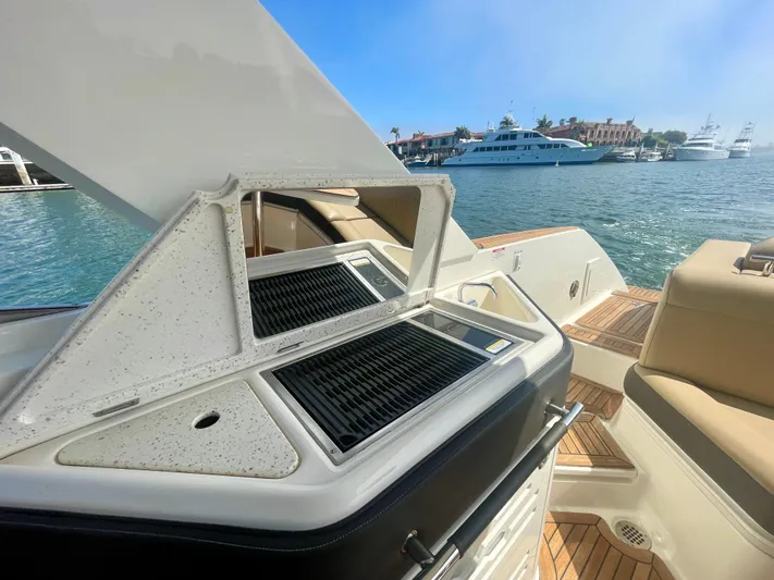 Honey Yacht Photos Pics 2019 Sea Ray SLX 310 boat with open grill, docked by waterfront.