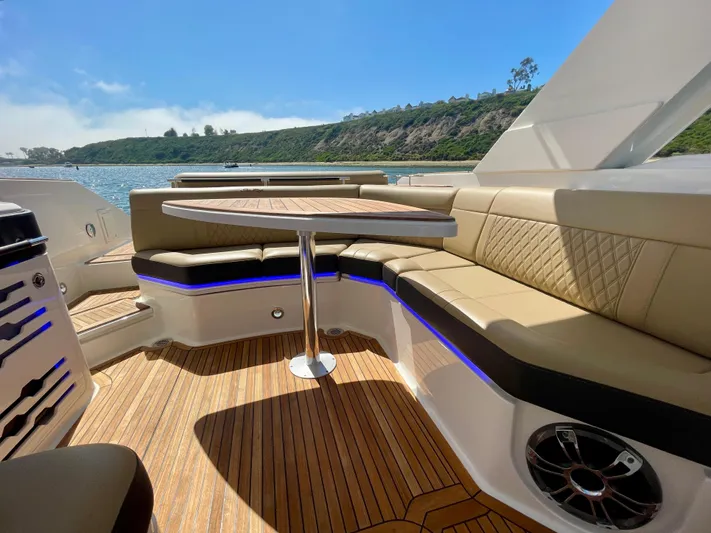 Honey Yacht Photos Pics Luxurious 2019 Sea Ray SLX 310 boat interior with elegant seating and scenic water view.