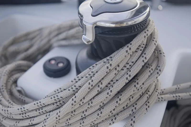 Bellissima Yacht Photos Pics Close-up of winch and rope on 2024 Lagoon 51 sailboat.