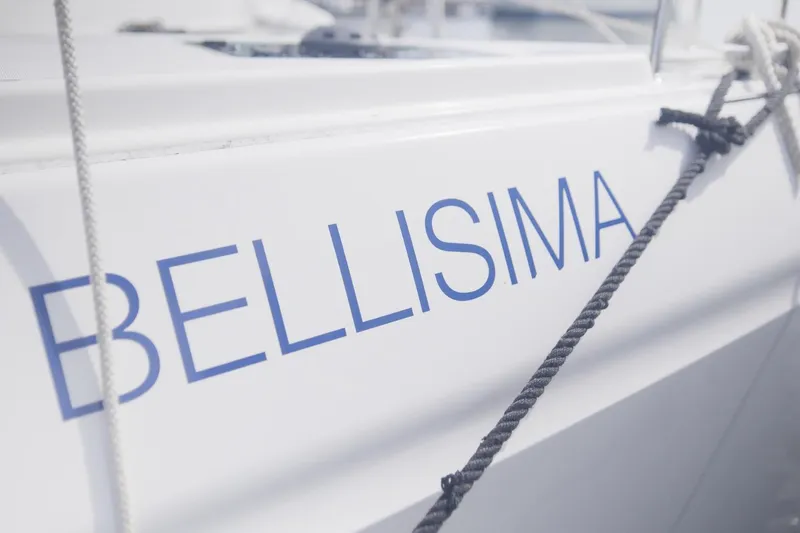 Bellissima Yacht Photos Pics 2024 Lagoon 51 yacht "Bellisima" with ropes, close-up view.