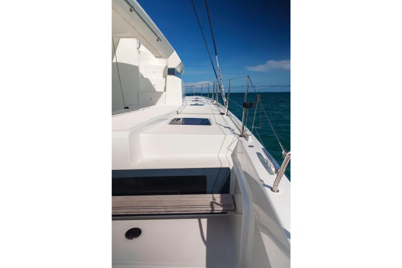 Bellissima Yacht Photos Pics 2024 Lagoon 51 yacht deck with sleek design and ocean view.