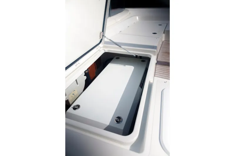 Bellissima Yacht Photos Pics Open storage compartment on 2024 Lagoon 51 yacht deck.