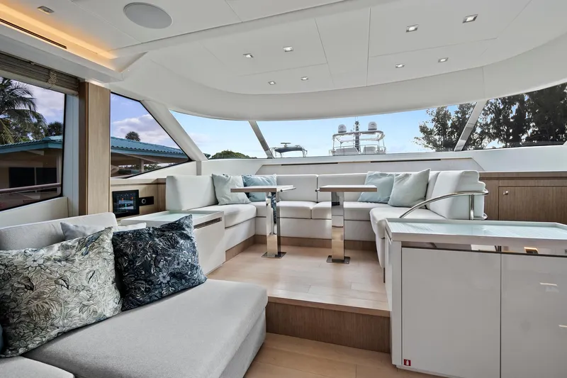 Knot @ Work Yacht Photos Pics Luxurious interior of 2021 Monte Carlo Yachts MCY 76 Skylounge with elegant seating and modern design.