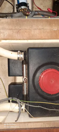  Yacht Photos Pics Boat engine compartment of a 2007 Elan Impression 434 with visible components and wiring.