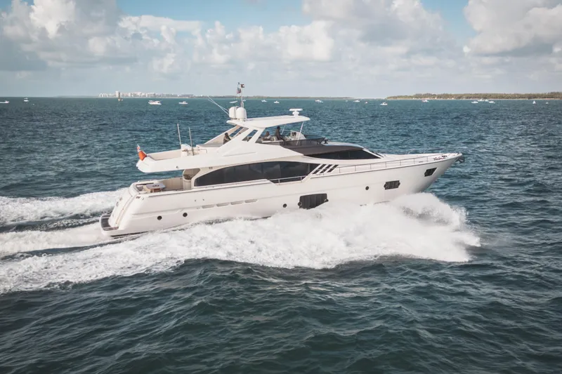 Lady Nelly Yacht Photos Pics 2014 Ferretti Yachts 870 cruising on open sea under a partly cloudy sky.