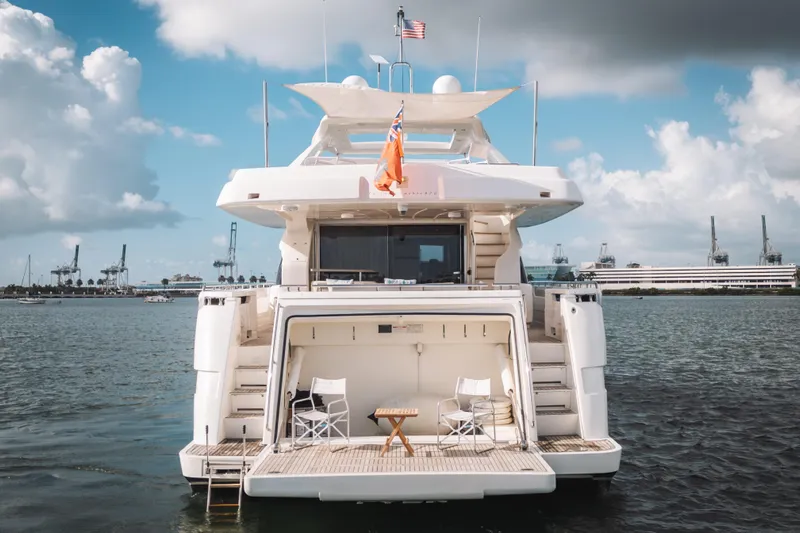 Lady Nelly Yacht Photos Pics Luxury 2014 Ferretti Yachts 870 docked, featuring spacious deck and elegant design.