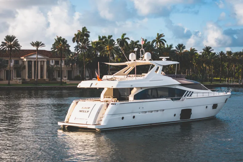Lady Nelly Yacht Photos Pics Luxury 2014 Ferretti Yachts 870 cruising near elegant waterfront mansion.