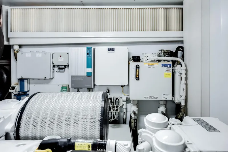 Lady Nelly Yacht Photos Pics Engine room of 2014 Ferretti Yachts 870, showcasing mechanical components and systems.