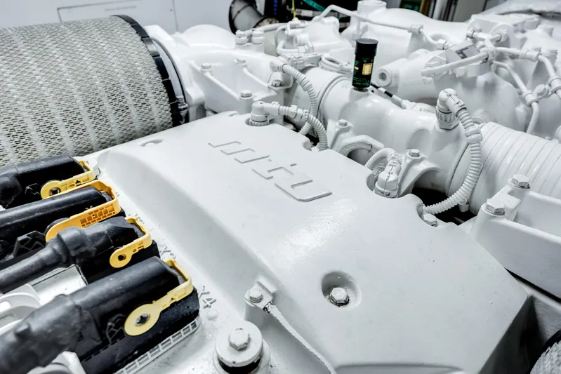Lady Nelly Yacht Photos Pics Engine compartment of a 2014 Ferretti Yachts 870, showcasing mechanical components.