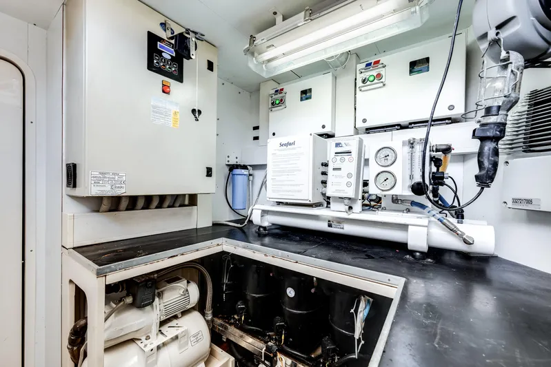 Lady Nelly Yacht Photos Pics Engine room of 2014 Ferretti Yachts 870, featuring control panels and machinery.