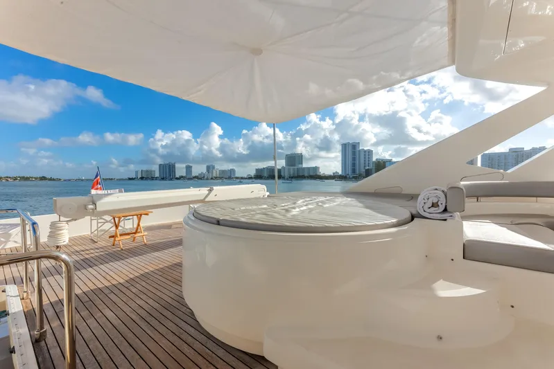 Lady Nelly Yacht Photos Pics Luxurious 2014 Ferretti Yachts 870 deck with ocean view and city skyline.