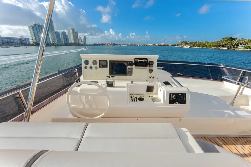 Lady Nelly Yacht Photos Pics Flybridge of 2014 Ferretti Yachts 870 with city skyline and ocean view.